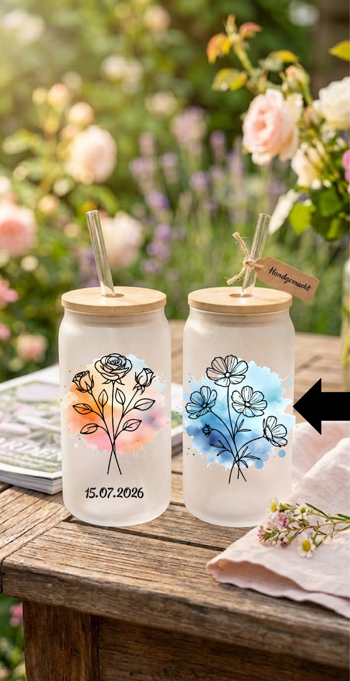 Trinkglas mit Strohhalm Geburtsblume Personalisierbar Glas Tumbler Geschenk mit Name Datum Aquarell Bambusdeckel