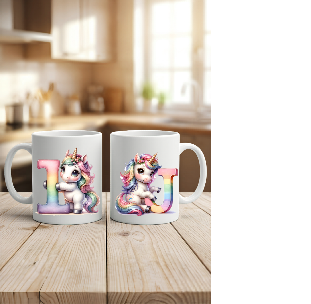 Einhorn Tasse personalisiert Buchstabe A-Z, Kinderbecher Initiale, Kaffeetasse hochglanz weiß schwarz, Geschenk Mädchen Geburtstag