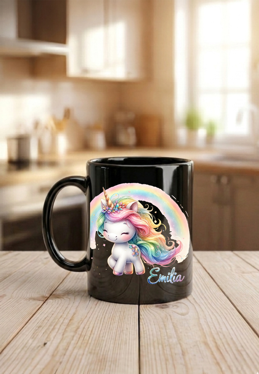 Kindergeburtstag Tasse Name, Einhorn Tasse personalisiert, Geschenk Einschulung Tochter, Keramiktasse Regenbogen, Kaffeebecher Kinder