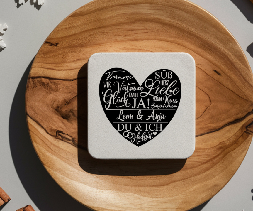 Untersetzer Hochzeit personalisiert Name Datum, Glasuntersetzer Hochzeitsgeschenk, Hochzeitsdeko Bierkrug Zubehör, Herz Motiv