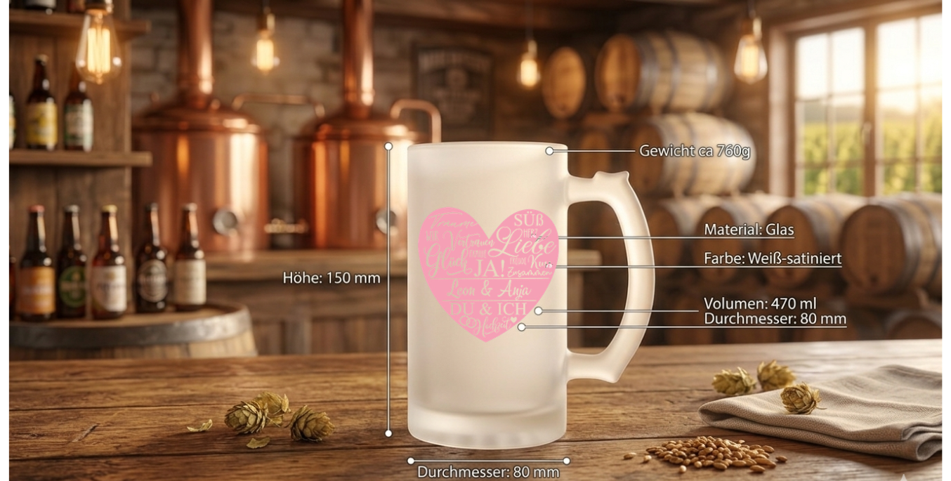 Bierkrug Hochzeit personalisiert Name Datum, Hochzeitsgeschenk Bierglas satiniert, Geschenk Ehepaar Brautpaar, Bierdeckel Herz