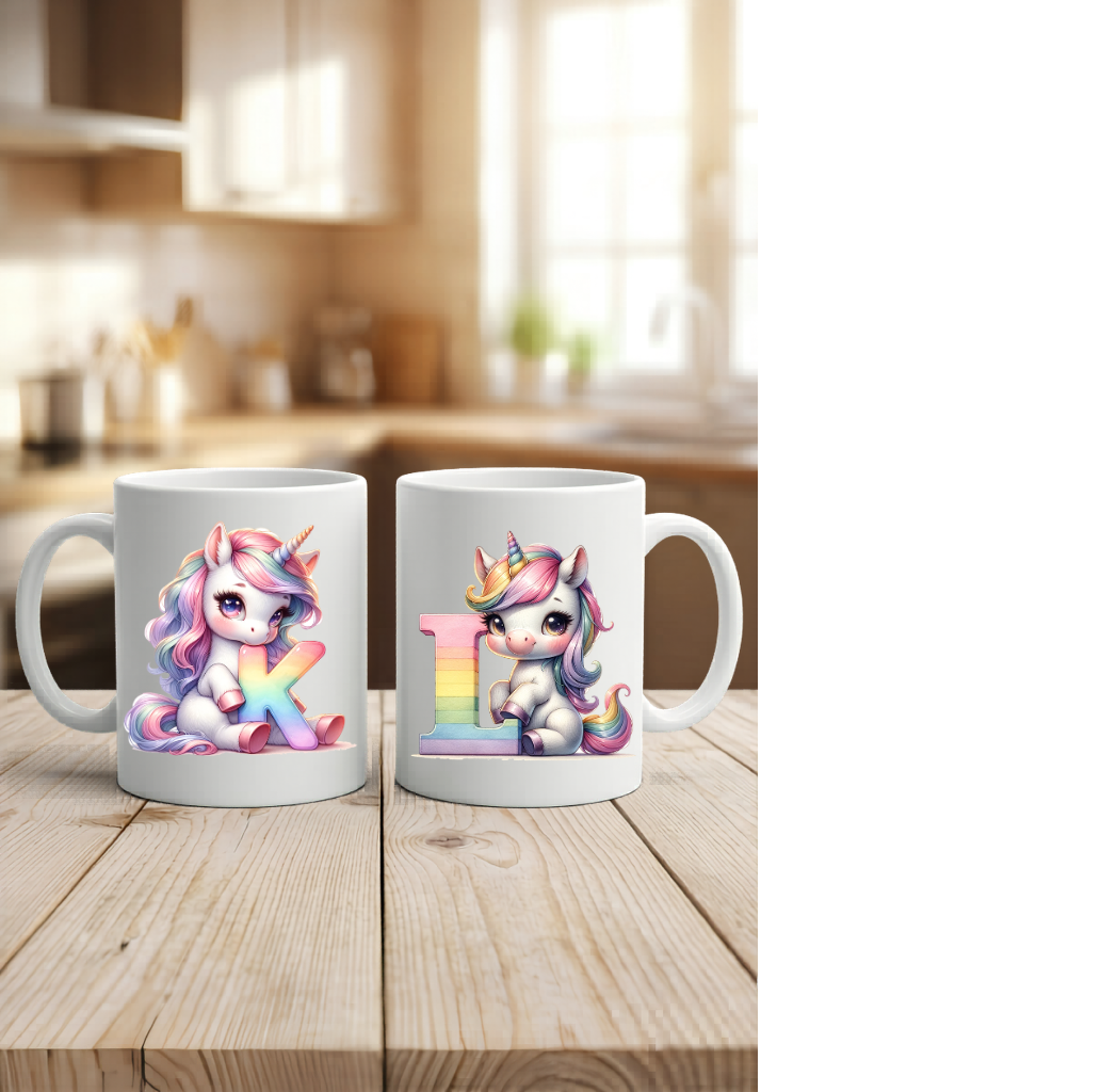 Einhorn Tasse personalisiert Buchstabe A-Z, Kinderbecher Initiale, Kaffeetasse hochglanz weiß schwarz, Geschenk Mädchen Geburtstag