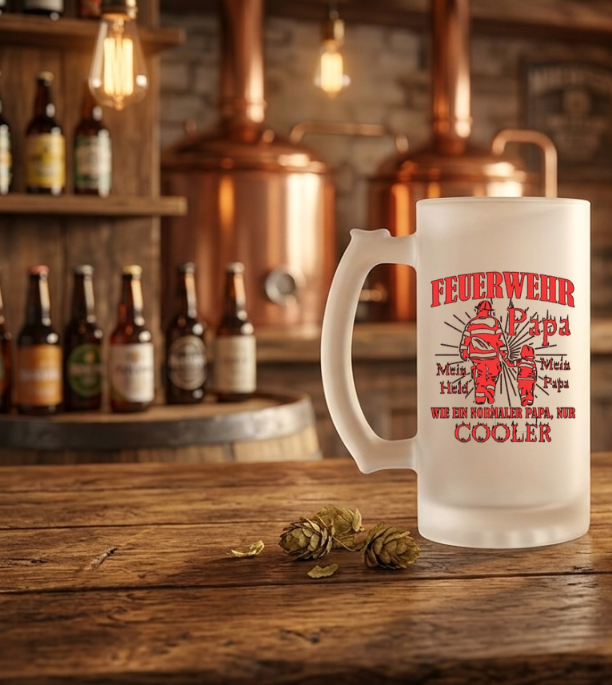 Bierkrug Glas satiniert Feuerwehr, Geschenk für Papa Geburtstag, Ehrenamt Feuerwehr Mann, Lustiges Biergeschenk, Humpen mit Spruch,Feuerwehr