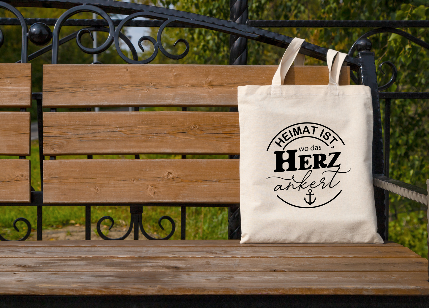 Baumwolltasche Heimat ist wo das Herz ankert, Stoffbeutel Maritim Anker Geschenk, Jutebeutel Strand Schwarz Natural