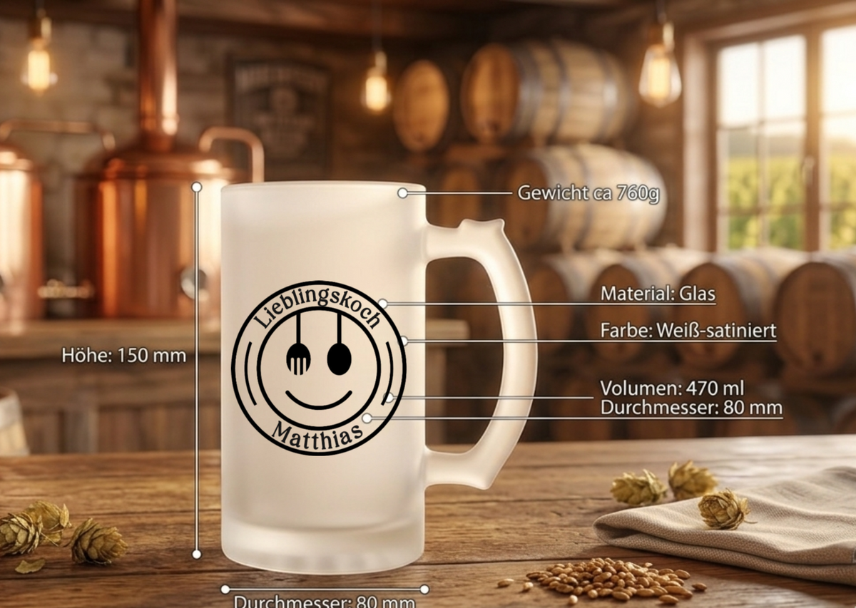 Bierglas personalisiert Name Lieblingskoch Geschenk Bierkrug satiniert Geburtstag Männer Geschenkidee Köchin Kochen Grillen Männergeschenk