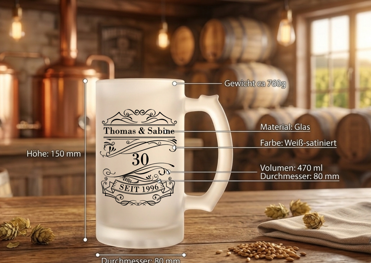 Bierkrug Hochzeitstag personalisiert Jubiläum Geschenk Bierglas mit Namen Datum Jahrestag Vintage Bierseidel satiniert 470ml Geschenkidee