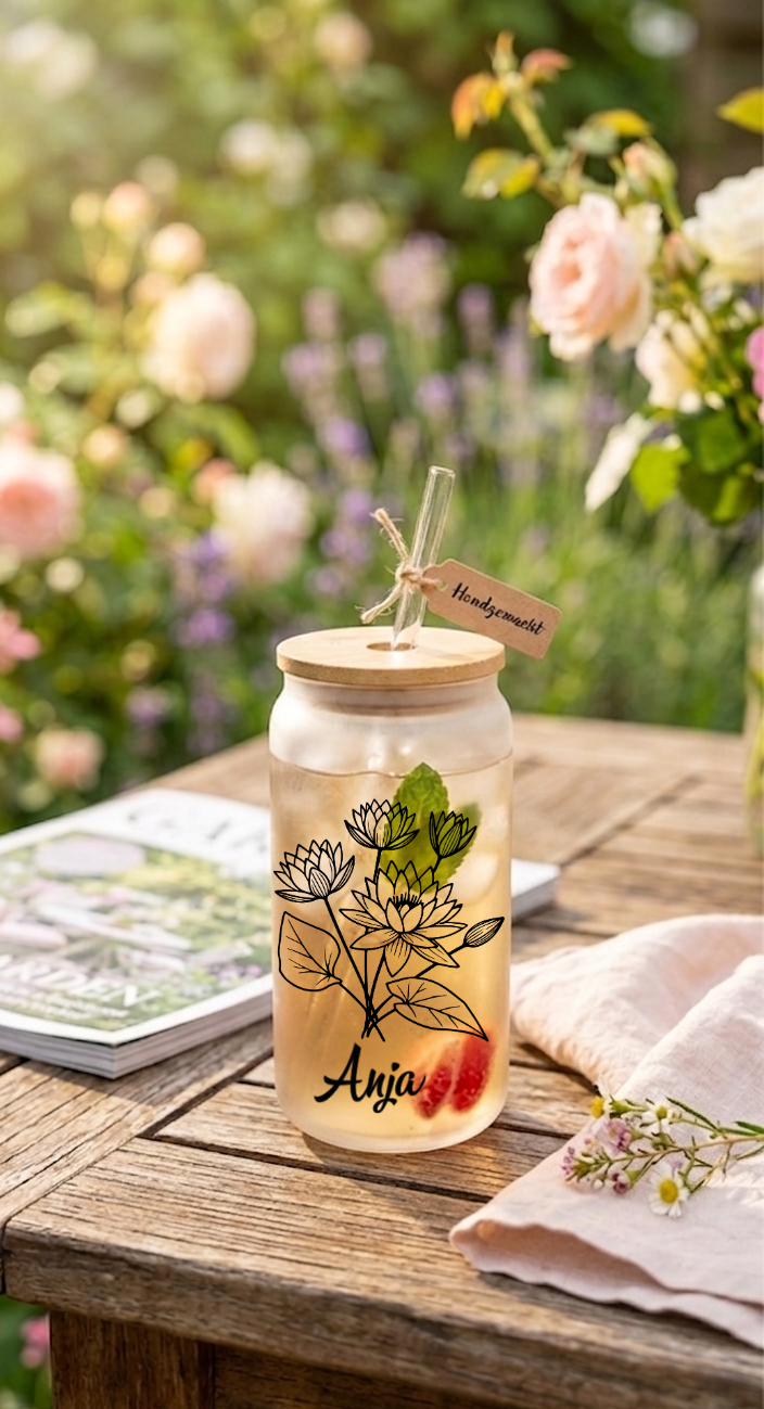 Trinkglas mit Strohhalm Geburtsblume Personalisierbar Glas Tumbler Geschenk mit Name Datum Aquarell Bambusdeckel