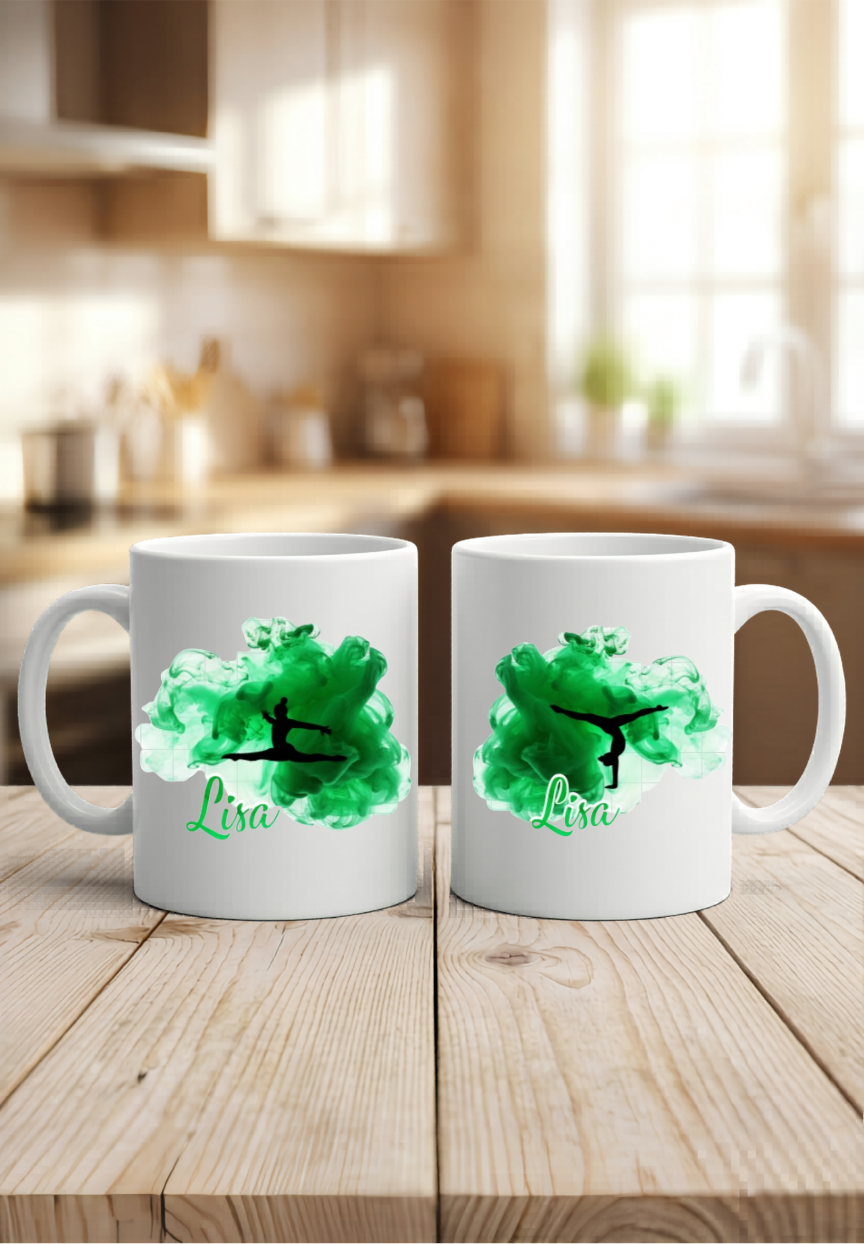 Tasse Turnerin personalisiert Name, Turnen Geschenk Mädchen, Kunstturnen Becher schwarz weiß bunt, Kinder Geburtstag Sportlerin