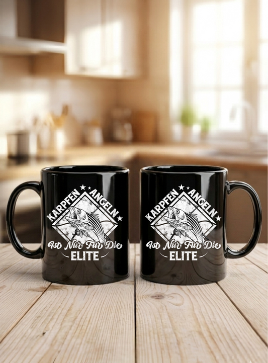 Tasse Karpfenangeln Elite Geschenk, Kaffeetasse Angler Karpfen Schwarz, Becher Fischer Geschenkidee, Angelverein Zubehör