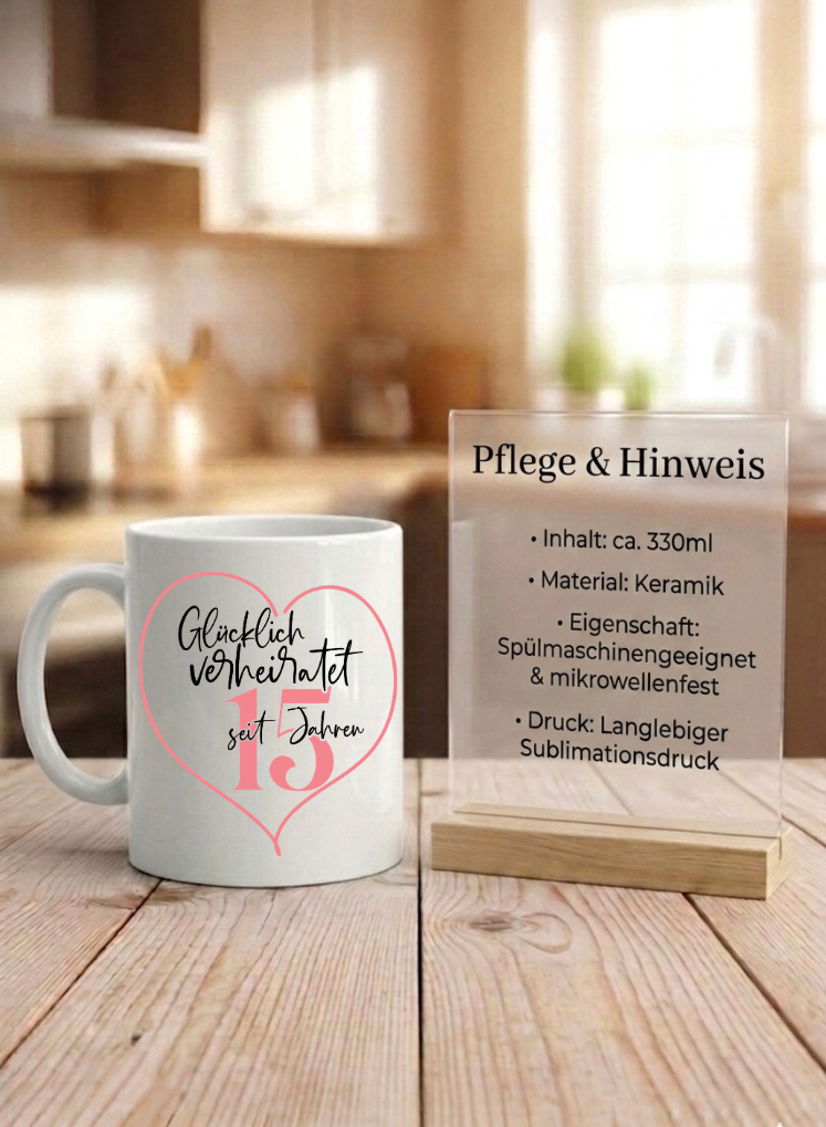 Tasse Glücklich verheiratet, Hochzeitstag Geschenk, Kaffeetasse Jahrestag Silberne Goldene Hochzeit, Personalisiert Name Datum