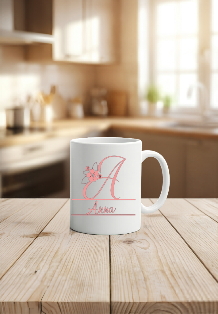 Tasse mit Buchstabe personalisiert Name, Florales Monogramm Becher, Kaffeetasse weiß schwarz hochglanz, Geschenk Frauen Geburtstag