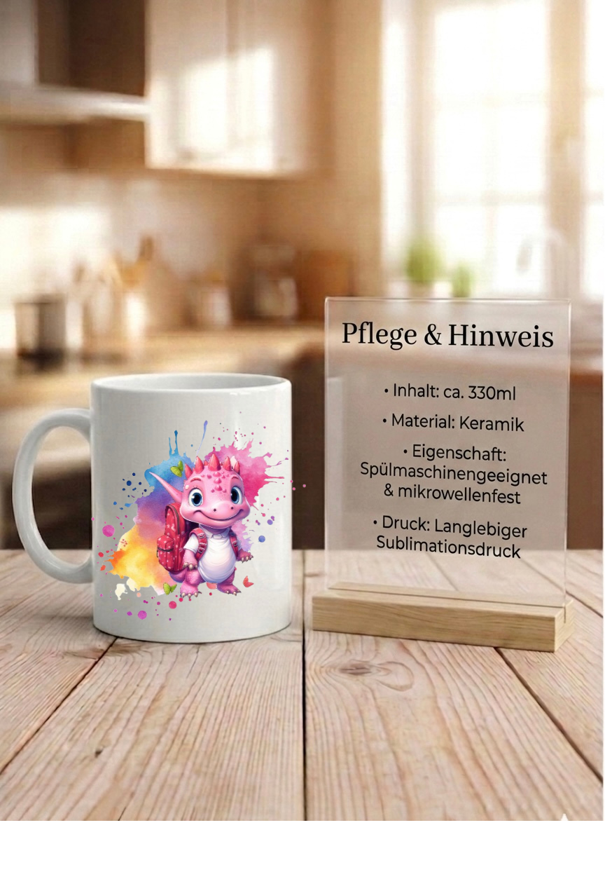 Schulkind 2026 Tasse personalisiert Name, Dino Drache Kaffeetasse Einschulung, Geschenk Schultüte Junge Mädchen, Keramiktasse bunt