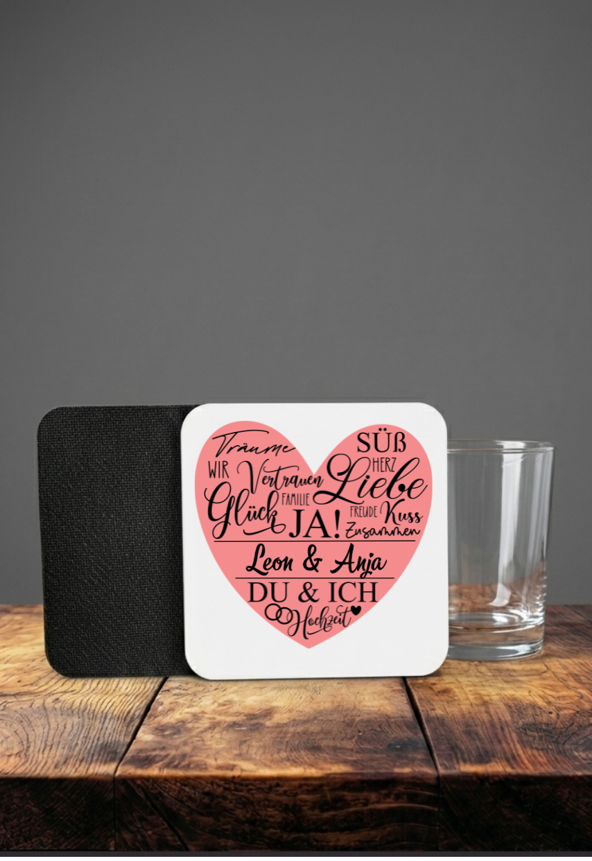 Untersetzer Hochzeit personalisiert Name Datum, Glasuntersetzer Hochzeitsgeschenk, Hochzeitsdeko Bierkrug Zubehör, Herz Motiv