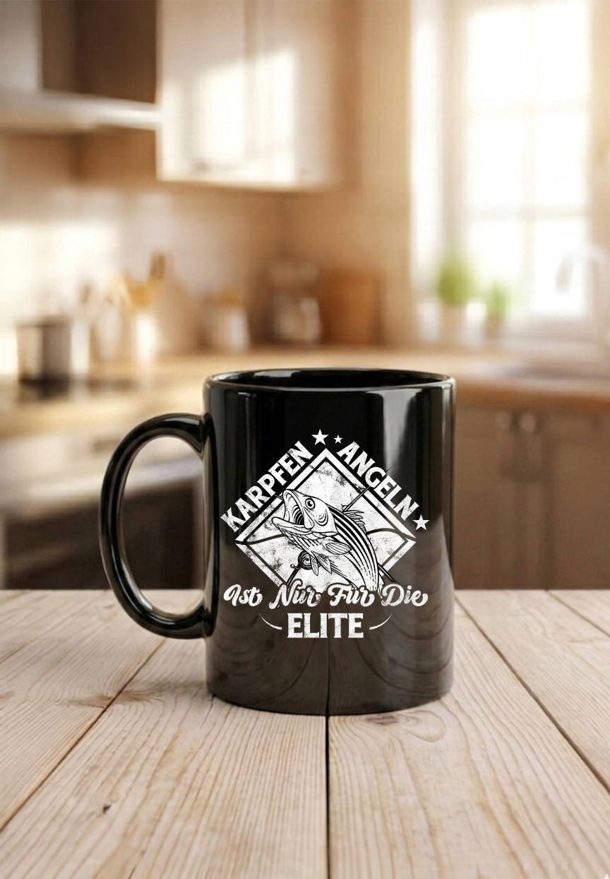 Tasse Karpfenangeln Elite Geschenk, Kaffeetasse Angler Karpfen Schwarz, Becher Fischer Geschenkidee, Angelverein Zubehör