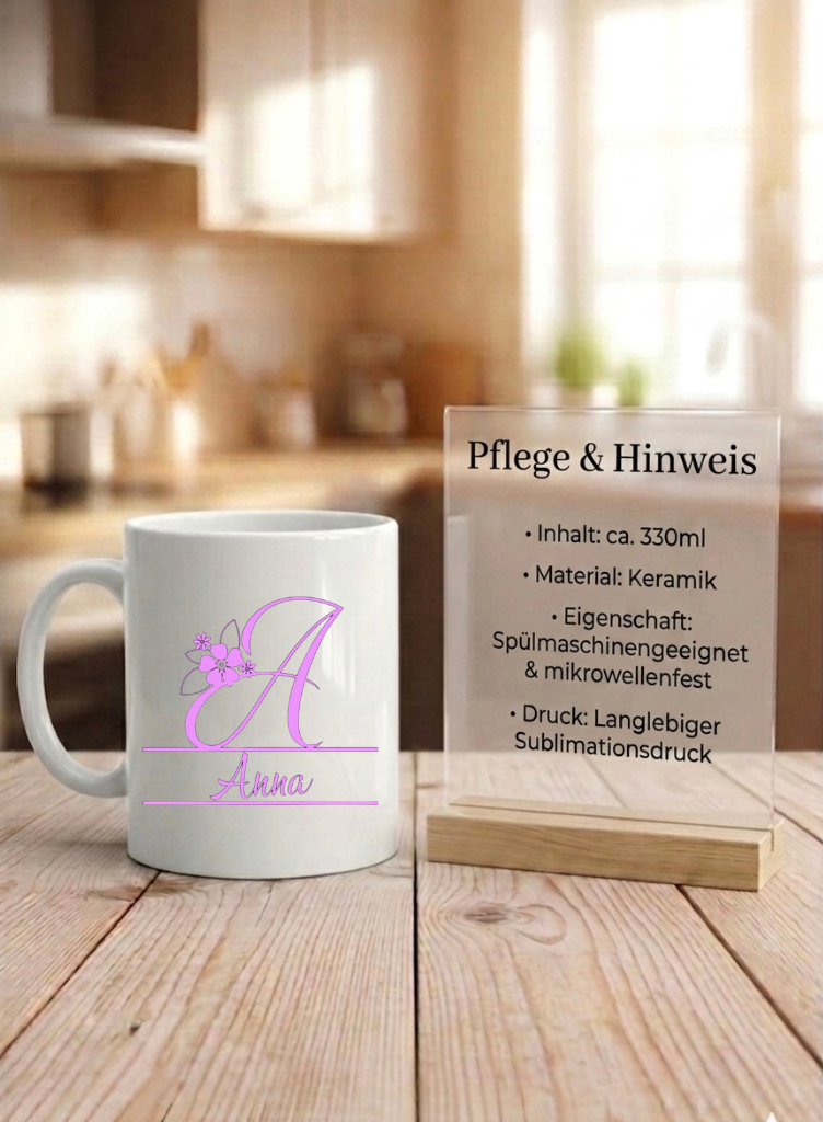 Tasse mit Buchstabe personalisiert Name, Florales Monogramm Becher, Kaffeetasse weiß schwarz hochglanz, Geschenk Frauen Geburtstag