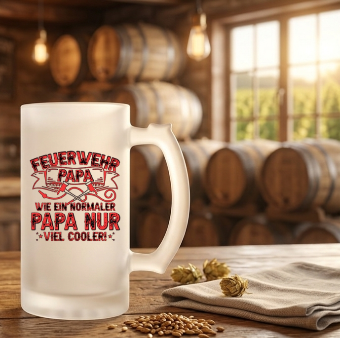 Bierkrug Glas satiniert Feuerwehr, Geschenk für Papa Geburtstag, Ehrenamt Feuerwehr Mann, Lustiges Biergeschenk, Humpen mit Spruch,Feuerwehr