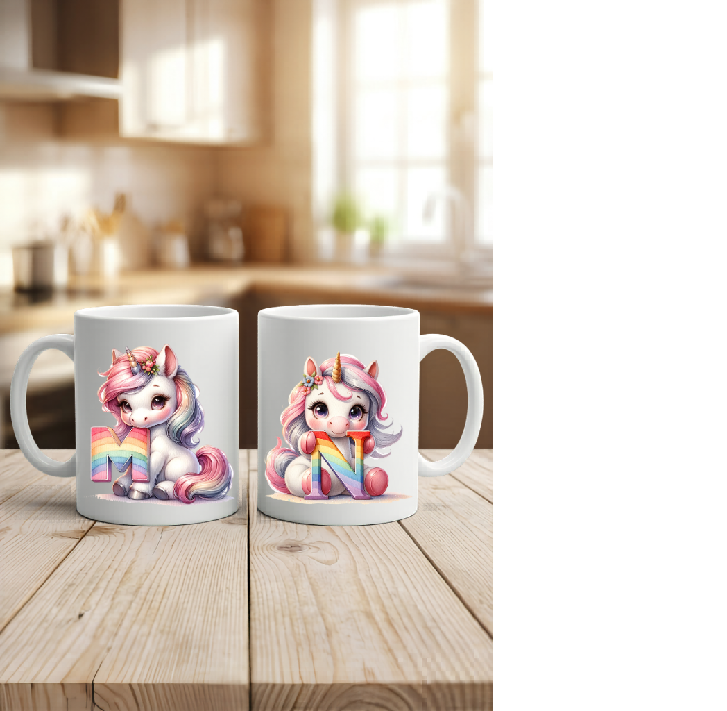 Einhorn Tasse personalisiert Buchstabe A-Z, Kinderbecher Initiale, Kaffeetasse hochglanz weiß schwarz, Geschenk Mädchen Geburtstag
