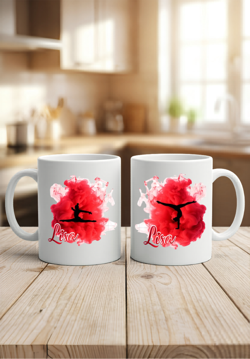 Tasse Turnerin personalisiert Name, Turnen Geschenk Mädchen, Kunstturnen Becher schwarz weiß bunt, Kinder Geburtstag Sportlerin