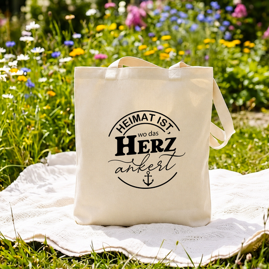 Baumwolltasche Heimat ist wo das Herz ankert, Stoffbeutel Maritim Anker Geschenk, Jutebeutel Strand Schwarz Natural