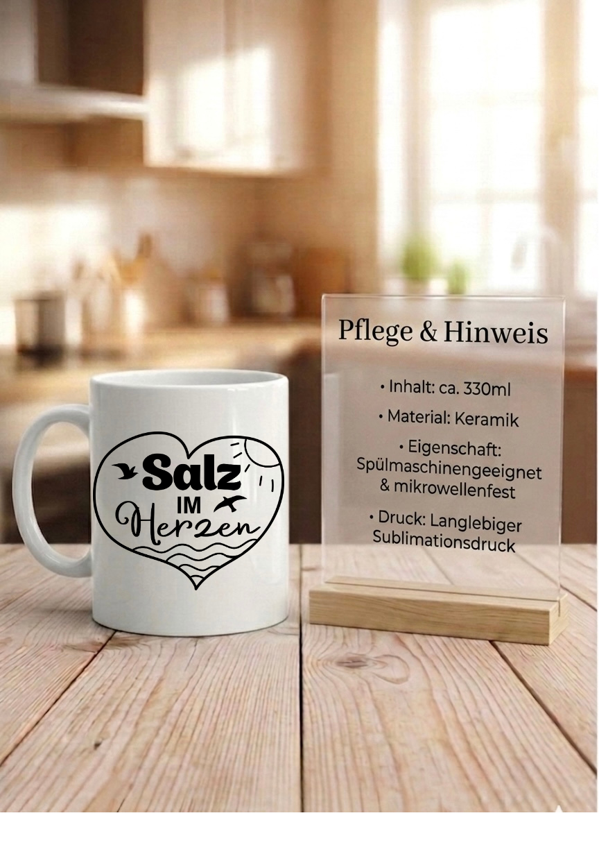 Maritime Tasse Salz im Herzen, Anker Becher personalisiert, Nordsee Ostsee Geschenk, Kaffeetasse Meer Küstenkind, Zuhause ist am Meer