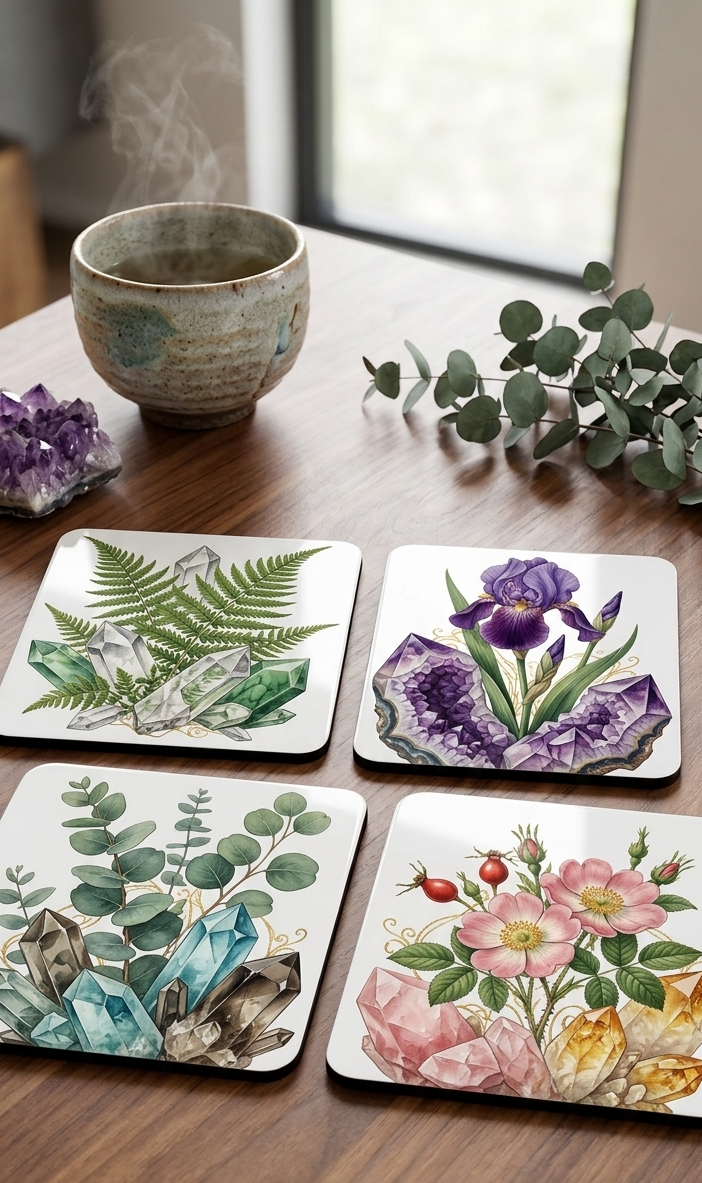 Untersetzer Gläser Botanik Kristall Set 4er 6er Geschenk Natur Deko Tisch