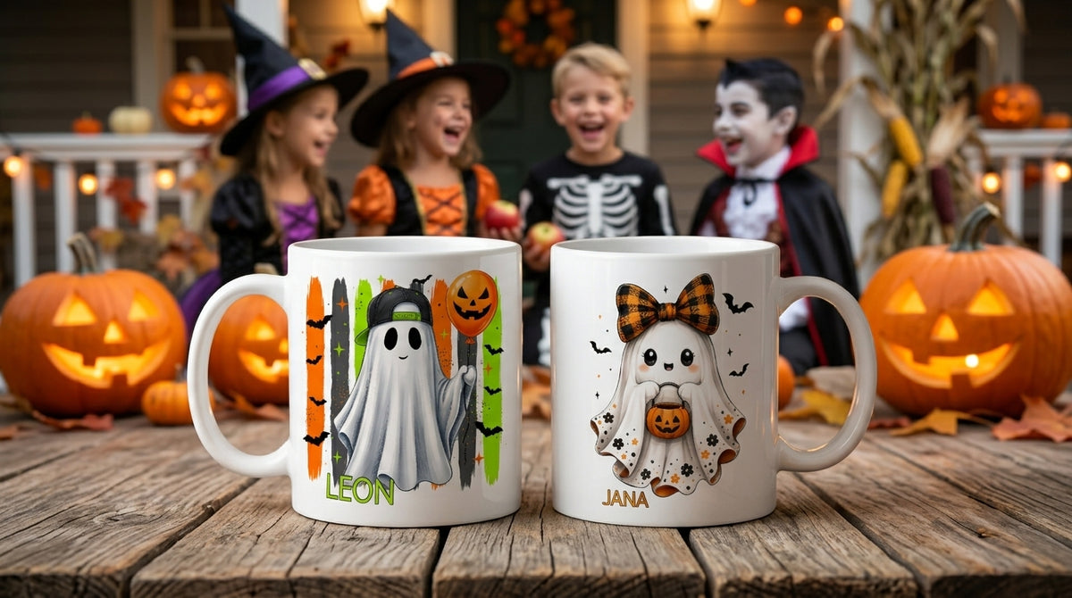 Halloween Tasse Kinder personalisiert mit Name Geist Gespenst Herbst Kakaotasse Geschenkidee Halloween Deko Keramiktasse weiß beidseitig