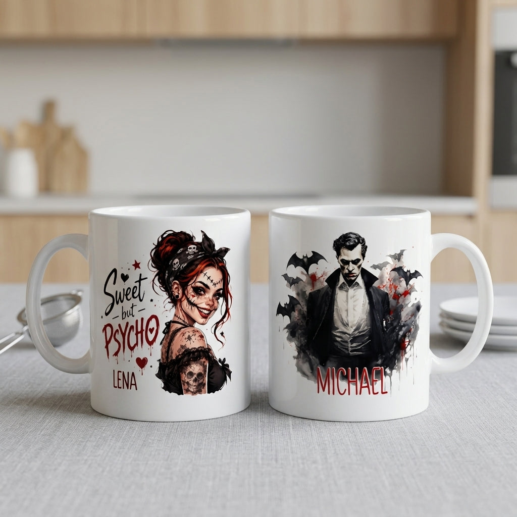 Halloween Tasse personalisiert mit Name Sweet but Psycho Vampir Kaffeetasse Keramik Geschenkidee Herbst Grusel Motivbecher Spooky Season