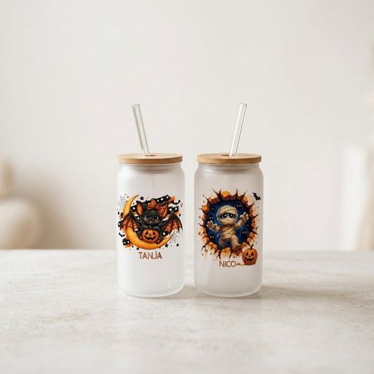 Halloween Glas Kinder personalisiert Deckel Strohhalm, Trinkglas Name Halloween Geschenk Süßigkeiten Mitbringsel Glasbecher 520ml