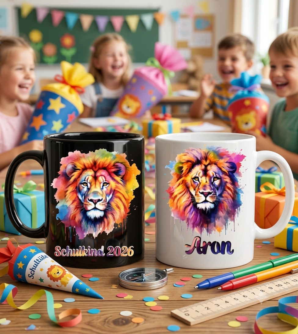 Tasse Schulkind Löwe Personalisiert Einschulung Geschenk Name Bunt 2026
