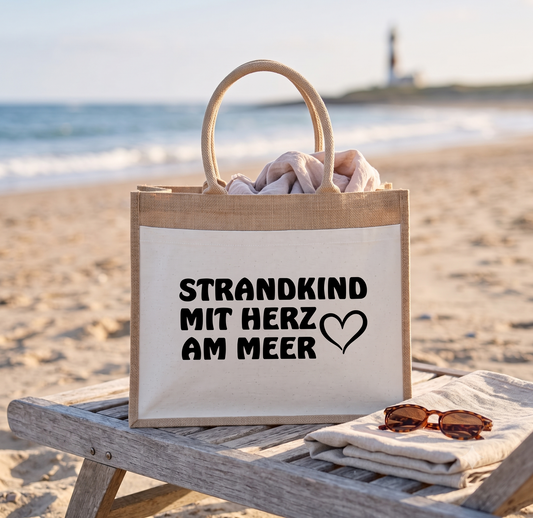 Jutetasche Strandkind mit Herz am Meer Strandtasche Shopper Geschenk