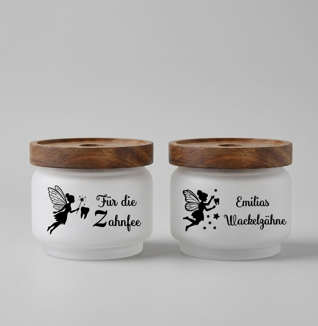Zahndose Glas Holzdeckel personalisiert Name Zahnfee Dose Wackelzähne Milchzahndose Aufbewahrung Kinder Geschenk Wackelzahn 250ml