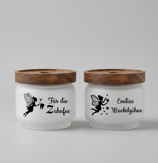 Zahndose Glas Holzdeckel personalisiert Name Zahnfee Dose Wackelzähne Milchzahndose Aufbewahrung Kinder Geschenk Wackelzahn 250ml