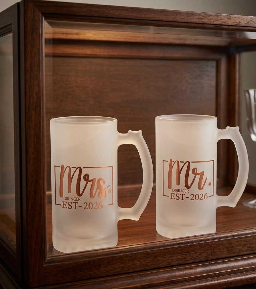 Bierglas Hochzeit personalisiert Mr Mrs Geschenk Bronze Verlobung Bierkrug mit Namen Datum Paar Jahrestag satiniert Bierkrüge Set EST