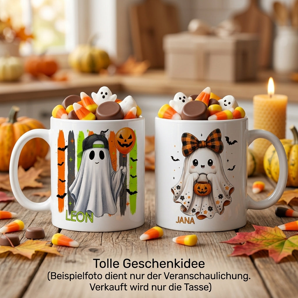 Halloween Tasse Kinder personalisiert mit Name Geist Gespenst Herbst Kakaotasse Geschenkidee Halloween Deko Keramiktasse weiß beidseitig