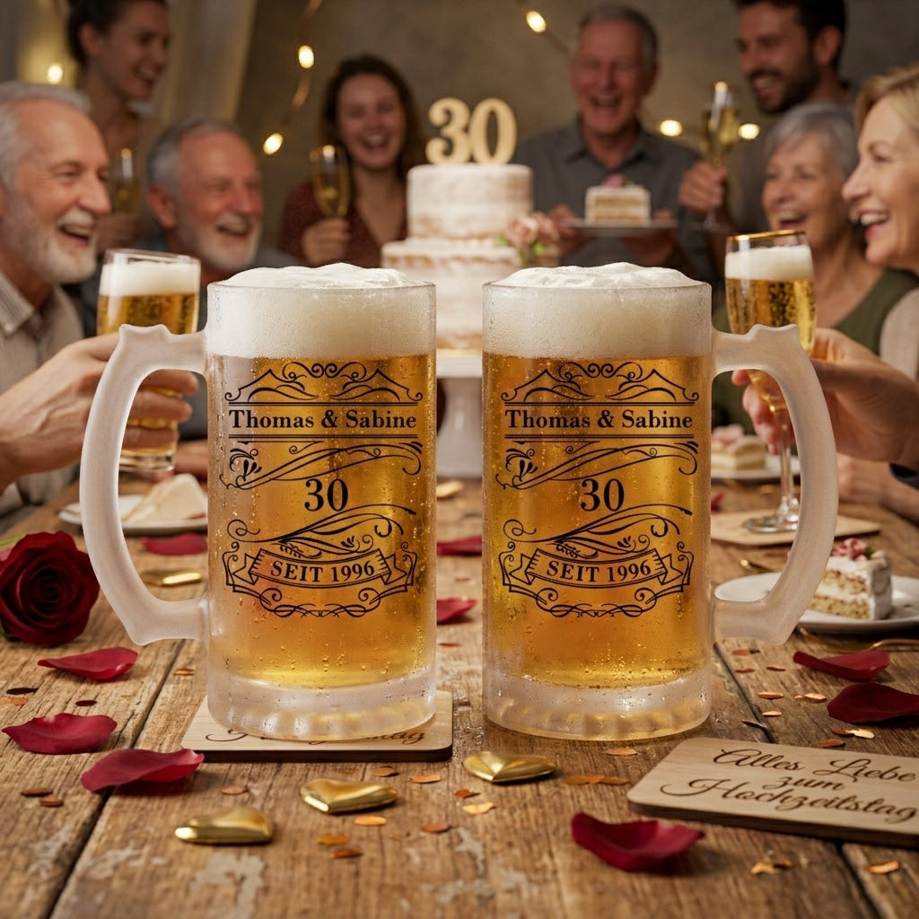 Bierkrug Hochzeitstag personalisiert Jubiläum Geschenk Bierglas mit Namen Datum Jahrestag Vintage Bierseidel satiniert 470ml Geschenkidee