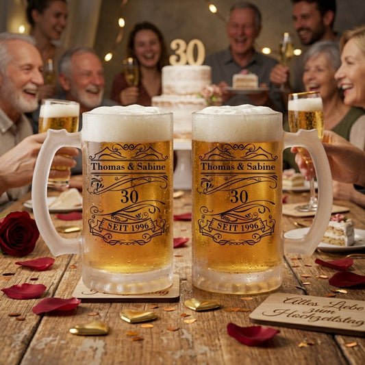 Bierkrug Hochzeitstag personalisiert Jubiläum Geschenk Bierglas mit Namen Datum Jahrestag Vintage Bierseidel satiniert 470ml Geschenkidee