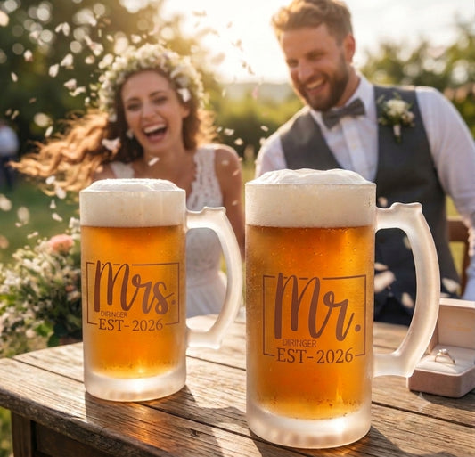 Bierglas Hochzeit personalisiert Mr Mrs Geschenk Bronze Verlobung Bierkrug mit Namen Datum Paar Jahrestag satiniert Bierkrüge Set EST