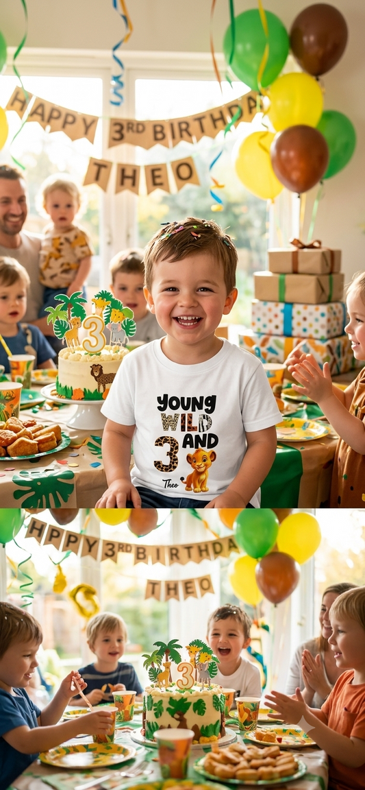 Löwe Geburtstagsshirt 3 Jahre • Young Wild and 3 Shirt • Löwe Kinder T-Shirt personalisiert • Tiermuster Geburtstagsoutfit