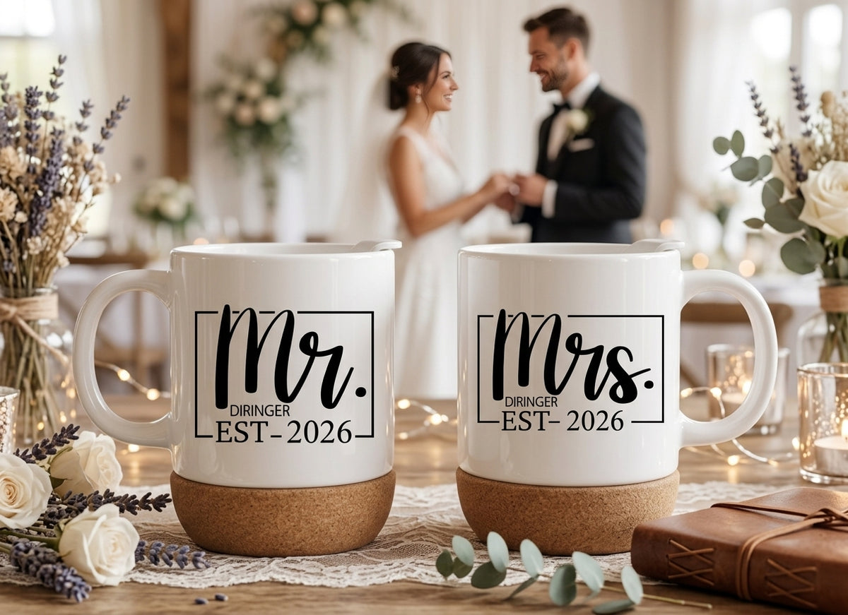 Korktasse Hochzeit Mr Mrs personalisiert Geschenk Brautpaar Kaffeetasse mit Kork Name Datum Hochzeitsgeschenk Tasse Partner Vintage