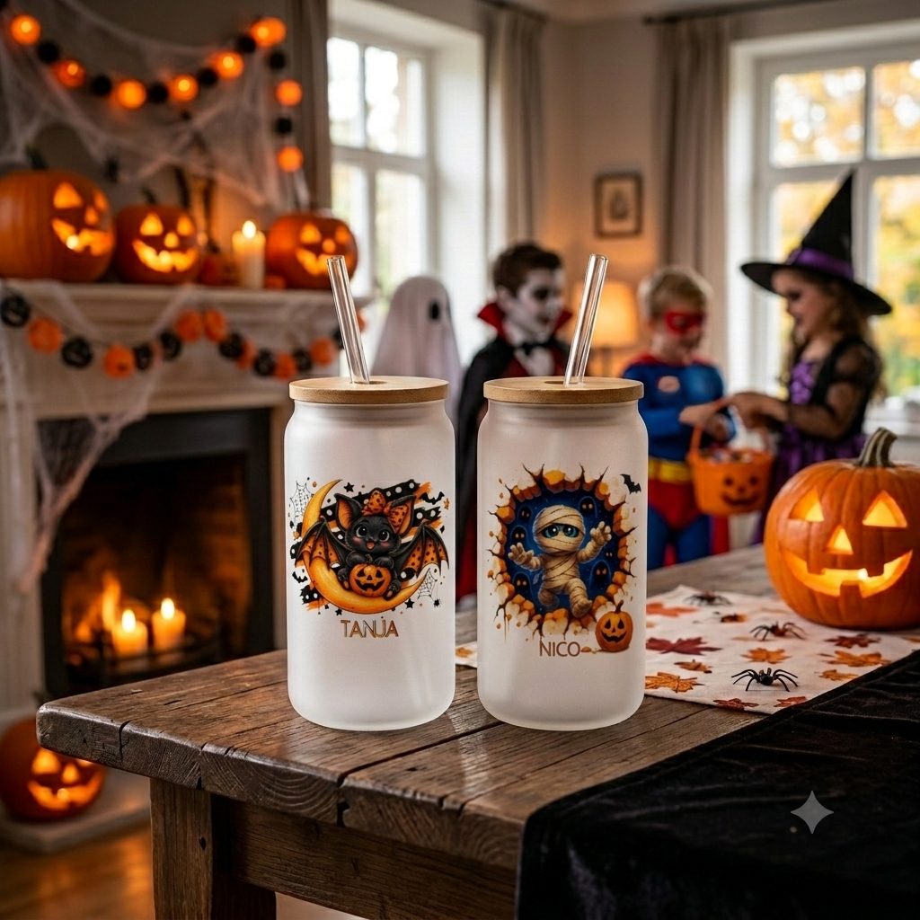Halloween Glas Kinder personalisiert Deckel Strohhalm, Trinkglas Name Halloween Geschenk Süßigkeiten Mitbringsel Glasbecher 520ml