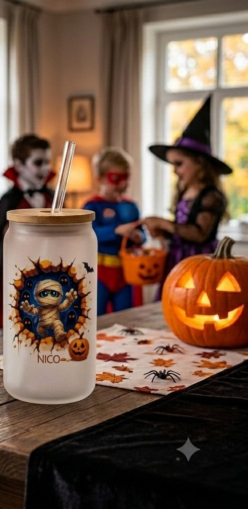 Halloween Glas Kinder personalisiert Deckel Strohhalm, Trinkglas Name Halloween Geschenk Süßigkeiten Mitbringsel Glasbecher 520ml