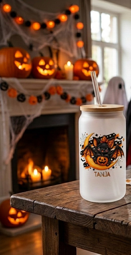 Halloween Glas Kinder personalisiert Deckel Strohhalm, Trinkglas Name Halloween Geschenk Süßigkeiten Mitbringsel Glasbecher 520ml