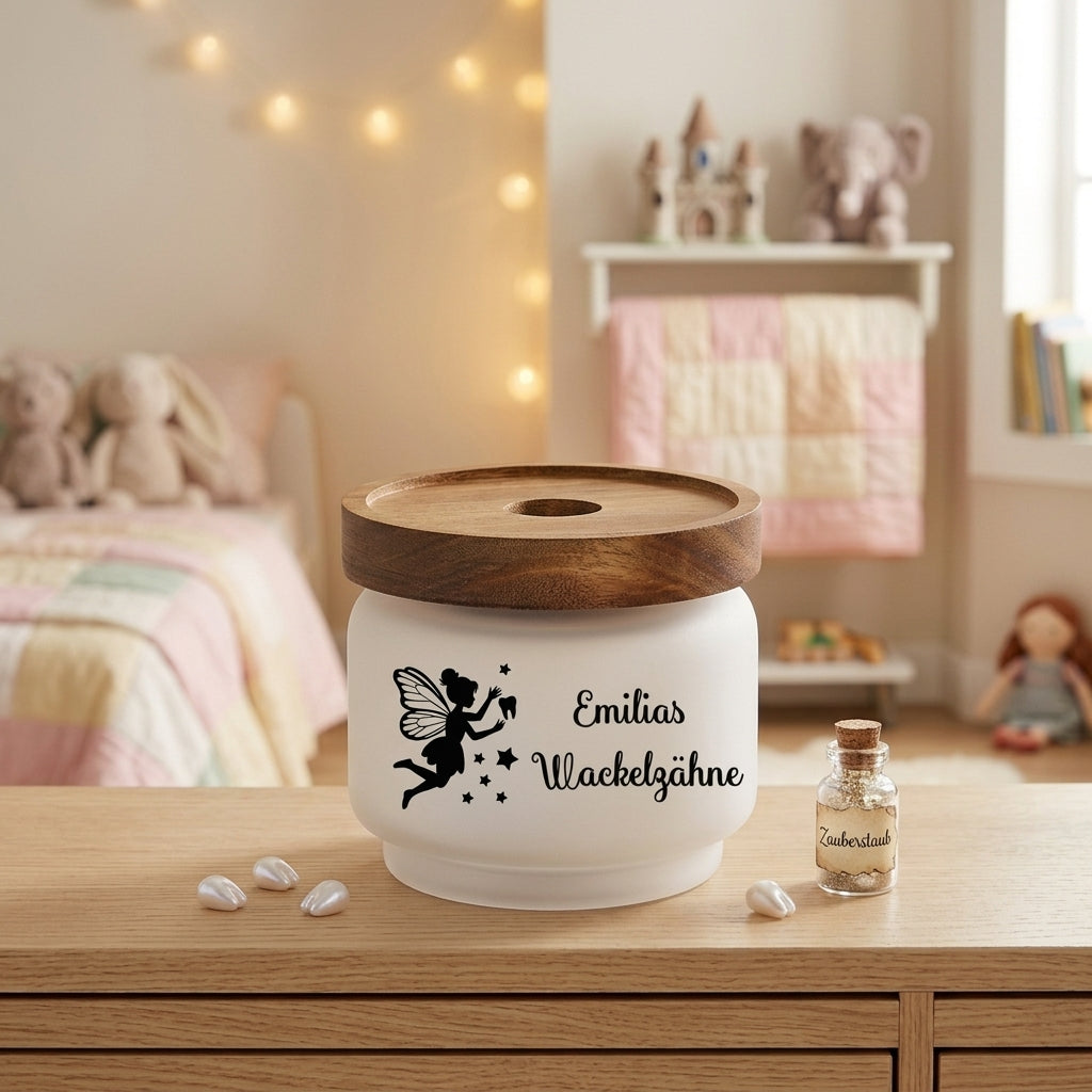 Zahndose Glas Holzdeckel personalisiert Name Zahnfee Dose Wackelzähne Milchzahndose Aufbewahrung Kinder Geschenk Wackelzahn 250ml