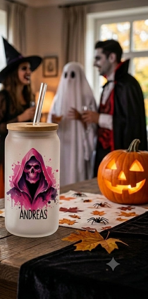 Halloween Glas personalisiert mit Name Bambusdeckel Strohhalm Totenkopf Trinkglas Eiskaffee Dose 520ml Geschenkidee Erwachsene Deko