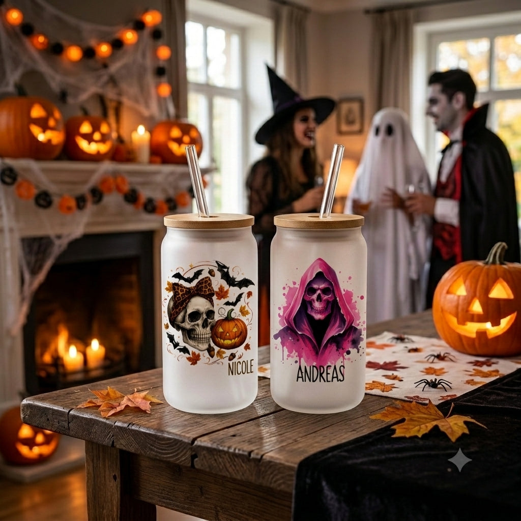 Halloween Glas personalisiert mit Name Bambusdeckel Strohhalm Totenkopf Trinkglas Eiskaffee Dose 520ml Geschenkidee Erwachsene Deko