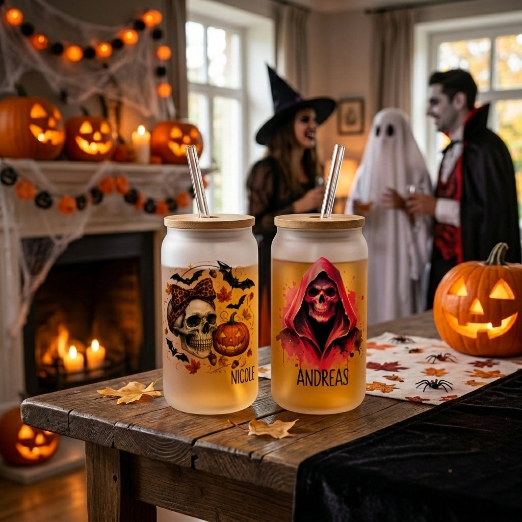 Halloween Glas personalisiert mit Name Bambusdeckel Strohhalm Totenkopf Trinkglas Eiskaffee Dose 520ml Geschenkidee Erwachsene Deko