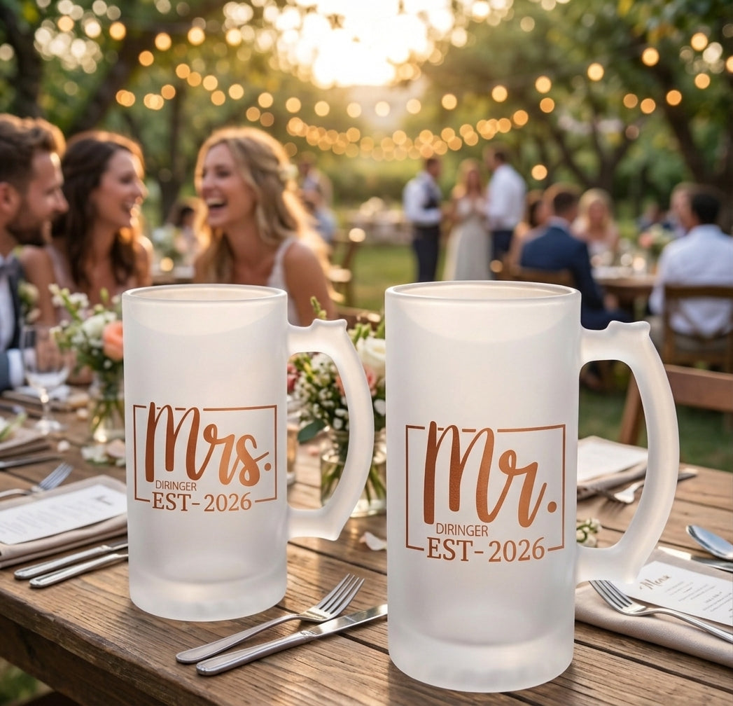 Bierglas Hochzeit personalisiert Mr Mrs Geschenk Bronze Verlobung Bierkrug mit Namen Datum Paar Jahrestag satiniert Bierkrüge Set EST