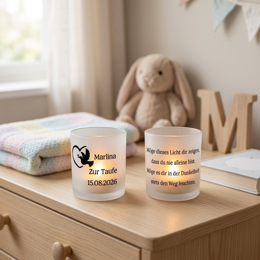 Teelichtglas Taufe satiniert personalisiert Taufkerze Windlicht Geschenk zur Taufe Mädchen Junge Taufgeschenk mit Name Datum
