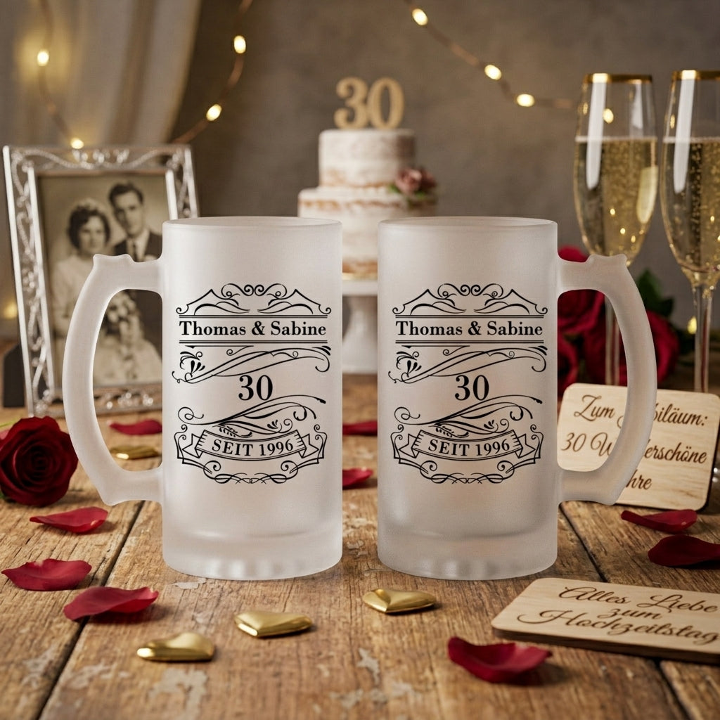 Bierkrug Hochzeitstag personalisiert Jubiläum Geschenk Bierglas mit Namen Datum Jahrestag Vintage Bierseidel satiniert 470ml Geschenkidee