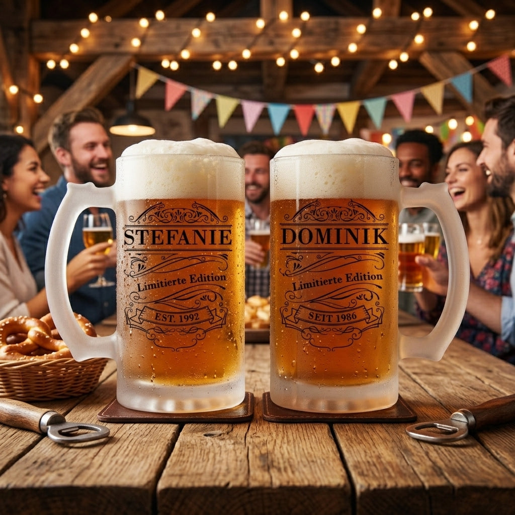 Bierkrug personalisiert mit Name&Jahr Beidseitig Bierglas satiniert Gravur Optik Geschenk Geburtstag Männer Frauen Geschenkidee EST Jahrgang